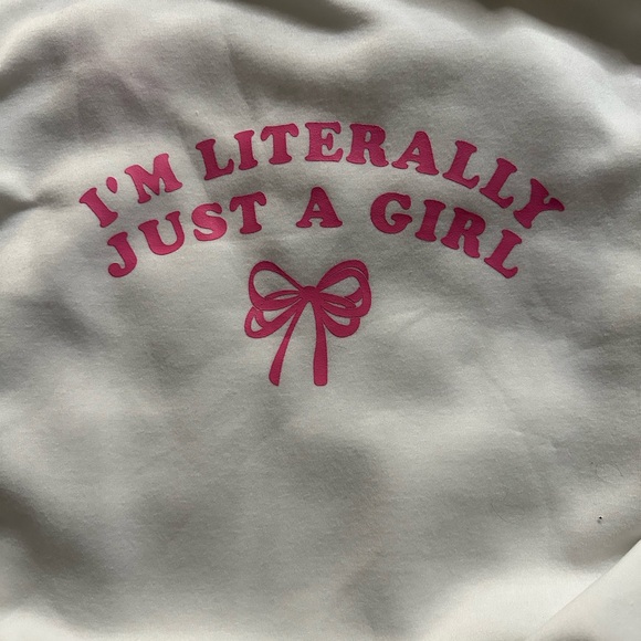 White Hoodie with Pink Bow Embroidery. “I’m literally just a girl” in the back - Picture 4 of 5